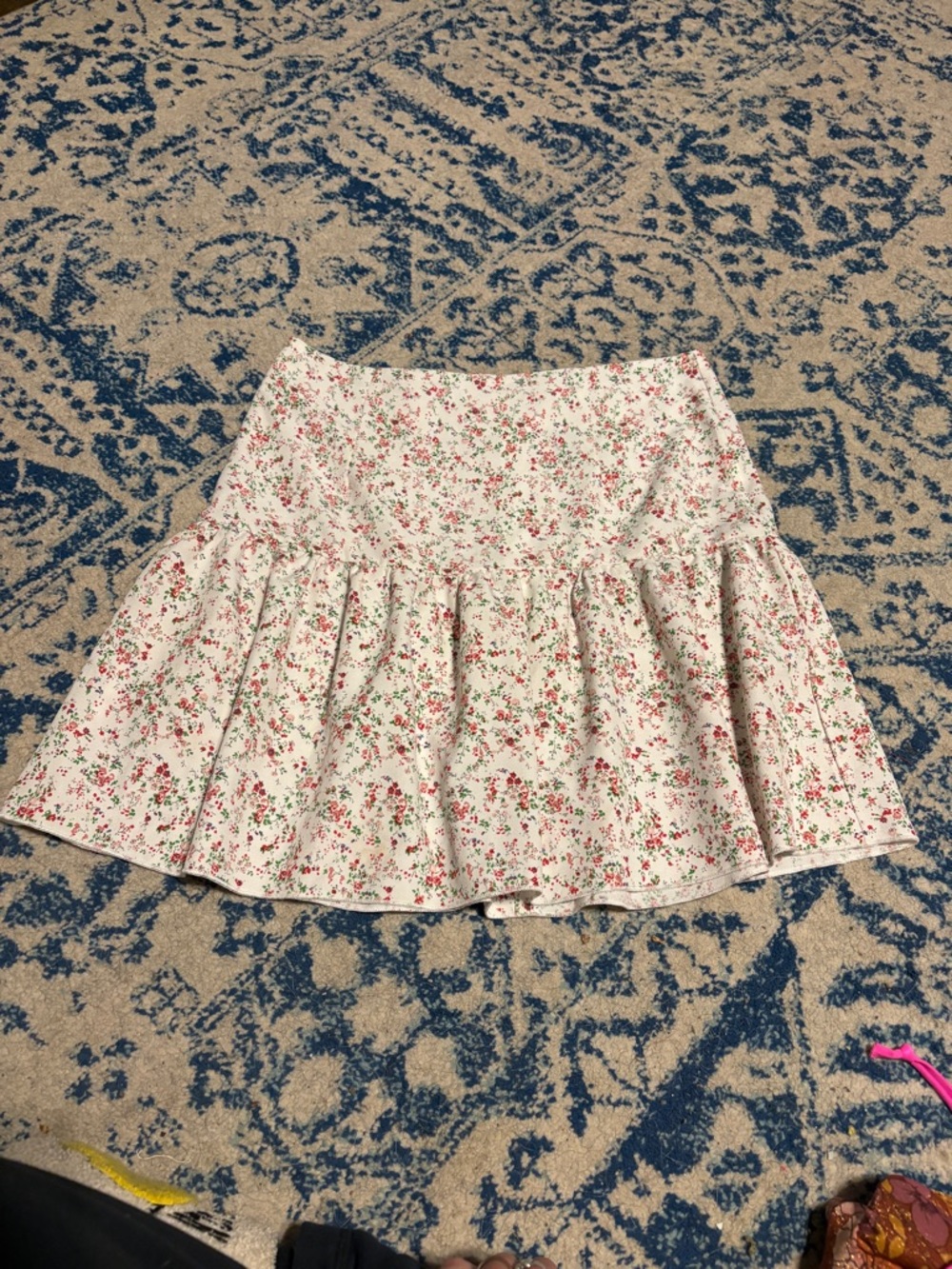 SHEIN White Floral Circle Skirt with Pink & Green Print